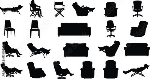Furniture and people sitting silhouettes collection with sofas, recliners, chairs and office seats isolated on white background vector illustration set