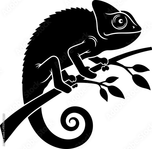 chameleon on a branch silhouette vector illustration