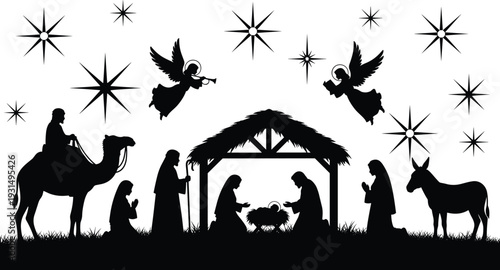 Christmas nativity scene silhouette with Holy Family, wise men, angels and animals under starry sky isolated on white background vector illustration