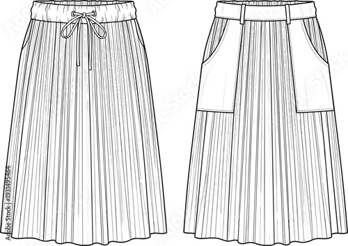 Women's pleated midi skirt technical flat sketch vector template with drawstring waistband and patch pocket details for fashion apparel tech packs.