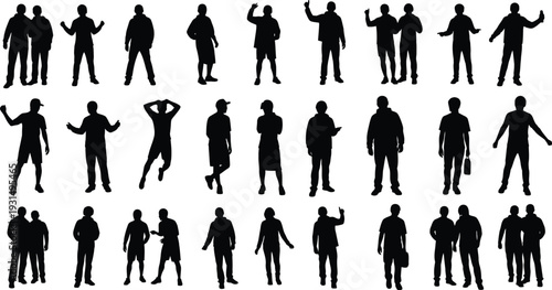 Collection of various human silhouette poses and gestures on white background