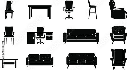 Furniture silhouettes set including chairs, desks, sofas and armchairs isolated on white background vector illustration collection for interior design and home decor