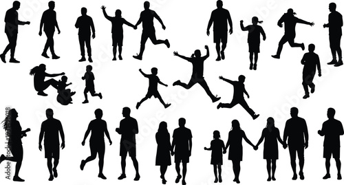 Silhouettes of people, walking, running, jumping, standing, children, adults, interaction, motion, activity, teamwork, play, pose, dynamic, lifestyle, black, white, minimal, abstract, human shapes