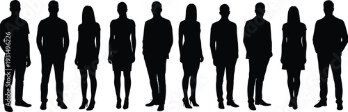 Silhouettes, standing people, male and female, fashion pose, black outline, diverse clothing, formal wear, casual style, white background, posture study