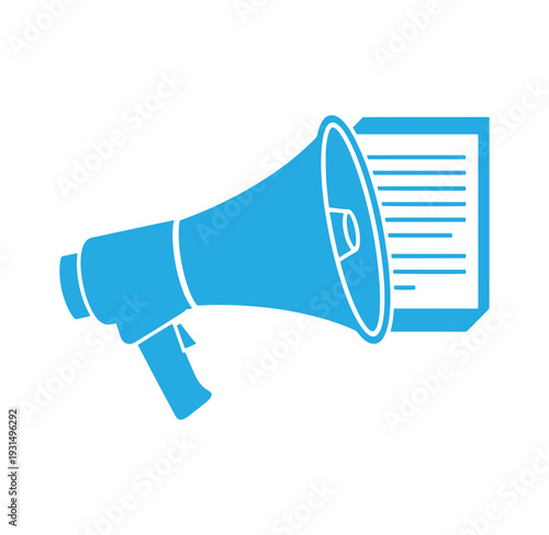 Blue megaphone with document announcement symbol for communication and broadcasting