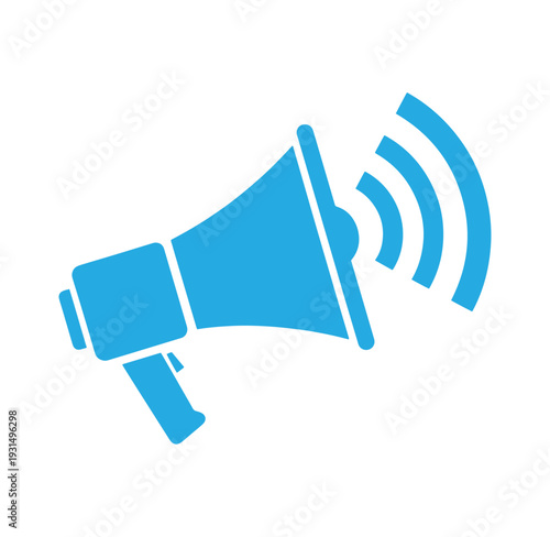 Blue megaphone with sound waves coming out isolated on white background