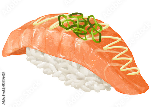 リアルなサーモンマヨネーズのお寿司一貫のイラスト