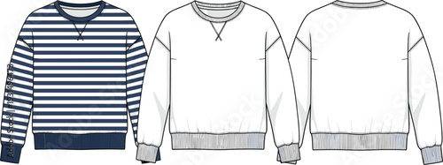 Set of women long sleeve sweatshirt fashion technical drawing vector templates featuring striped and solid designs with ribbed cuffs and crew neck for casual apparel.