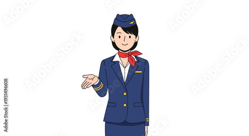 Cartoon flight attendant in uniform offering assistance with a smile
