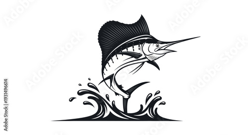 Elegant Sailfish Illustration Leaping from Stylized Ocean Waves