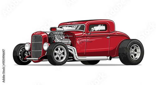 Vintage red hot rod car illustration with detailed engine design