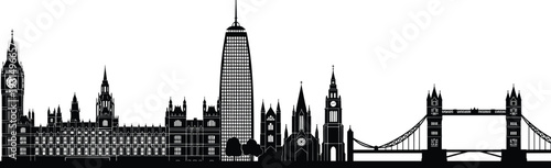 London skyline silhouette with Big Ben, Tower Bridge and modern skyscrapers isolated on white background vector illustration for travel and city design