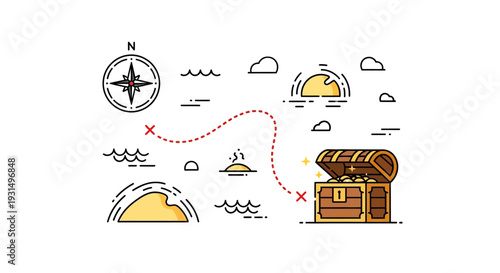 Treasure map illustration with compass and treasure chest