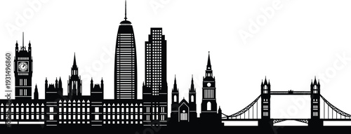 London skyline silhouette with famous landmarks including Big Ben and Tower Bridge isolated on white background vector illustration cityscape design