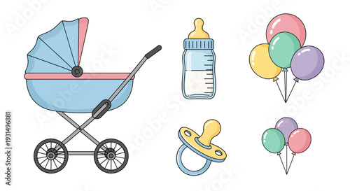 Colorful baby accessories set with stroller, bottle, and balloons