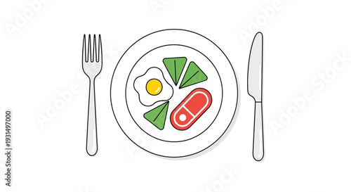Minimalist illustration of a plate with food and a pill