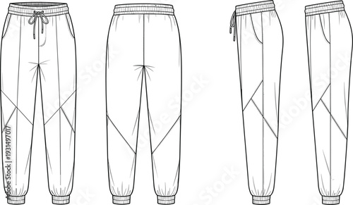 Fashion technical drawing vector template of women athletic joggers with drawstring waistband, elastic cuffs, and paneled design details for sportswear and streetwear tech packs.
