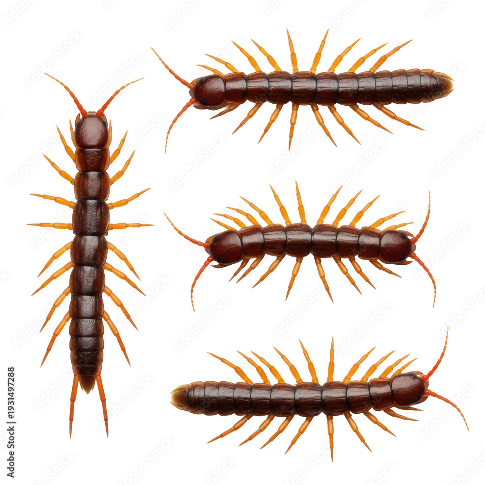 Fototapeta premium Three hyperrealistic stone centipede specimens on a transparent void. glossy mahogany bodies, orange legs, sharp claws, and antennae in macro detail, clinical zoological display concept