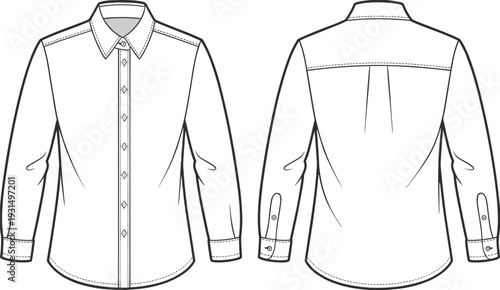Men long sleeve button down shirt cad drawing, front and back view flat vector illustration detailed apparel template