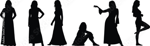 Six women posing in various positions silhouette on white background