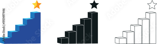 Business success and growth concept vector set. Steps to reaching a goal with star icon, career progression, and performance ranking levels for infographics and corporate presentations.