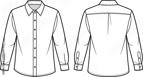 Men long sleeve classic shirt cad drawing, front and back view flat vector illustration detailed apparel template
