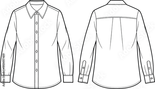 Men long sleeve dress shirt cad drawing, front and back view flat vector illustration detailed apparel template
