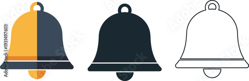 Bell notification icon set for mobile app UI UX design, alert and alarm reminder symbols in flat, solid, and outline vector styles for digital interface and website notification systems