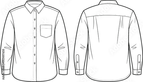 Men long sleeve button down shirt cad drawing, front and back view flat vector technical fashion illustration template