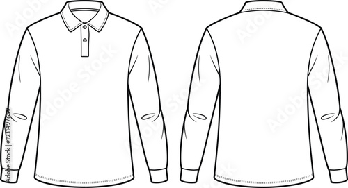 Men long sleeve polo shirt cad drawing, front and back view flat vector illustration detailed apparel template