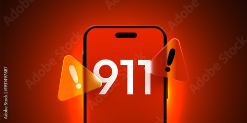 Emergency call 911 on a modern smartphone screen. Alert with warning signs indicates a critical situation.