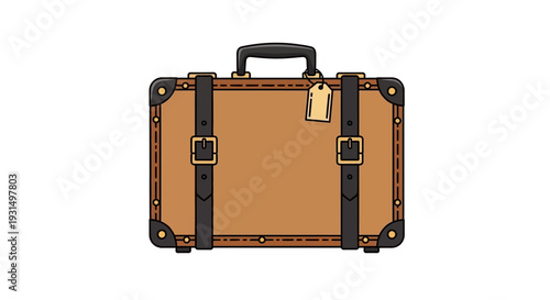 Vintage brown suitcase with leather straps and travel tag