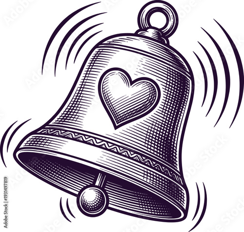 Heart shaped bell ringing with motion lines on white background