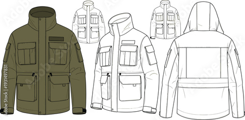 Technical drawing of athletic drawstring shorts vector showing front, back, and side views for fashion design, sports apparel, and garment production.