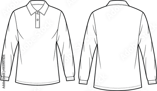 Men long sleeve polo shirt cad drawing, front and back view flat vector illustration detailed clothing template