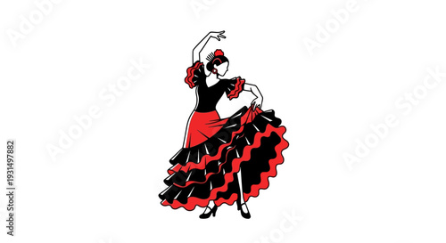 Illustration of a Flamenco Dancer in Traditional Red and Black Dress