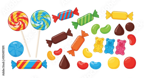 Colorful assortment of candies and sweets in a playful flat lay