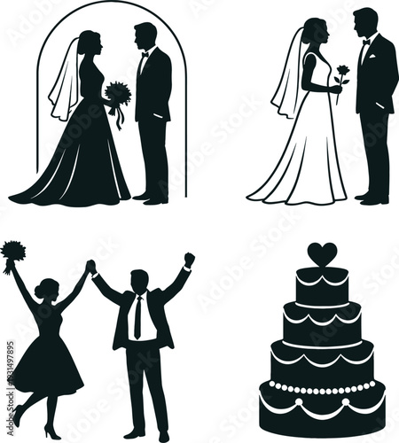 Wedding celebration silhouettes with couples and cake on white background