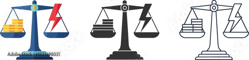 Scales Balancing Gold Coins and Electricity Lightning Bolt Symbol, Energy Cost Concept, Utility Bill Price, Power Consumption Value, and Economic Market Balance Vector Illustration