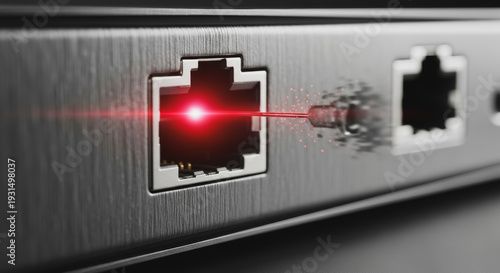Close-up of an Ethernet port with a glowing red light beam, symbolizing high-speed data transfer and secure network connection in a modern digital environment.