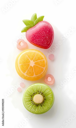 Colorful 3D Fruit Illustration Set – Strawberry, Orange and Kiwi Isolated on White Background