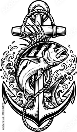 Roosterfish with Nautical Elements – Detailed Black Line Art Tattoo Vector