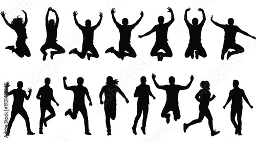 Collection of various black silhouettes of people jumping and celebrating isolated on white background in different dynamic poses and movements