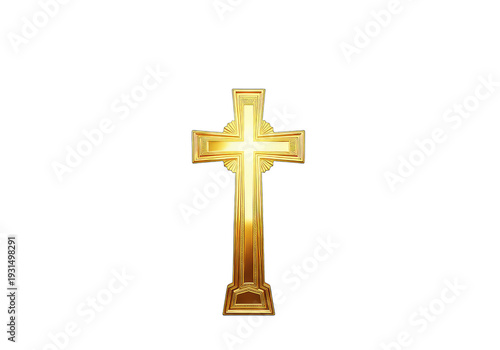 Polished golden crucifix standing vertically on transparent background for spiritual themes