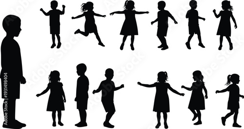 Silhouettes of children playing, running, walking, dancing, active kids poses, childhood activities, group of boys and girls, vector illustration