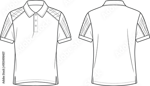 Men polo shirt cad drawing, front and back view flat vector illustration with patterned sleeve panels detailed apparel template