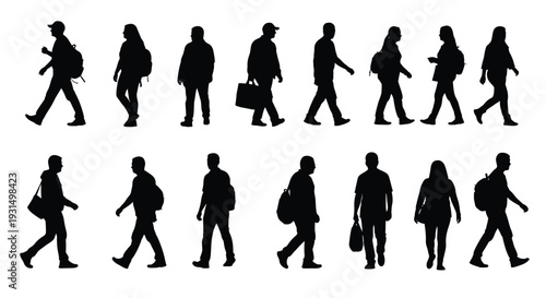Collection of diverse black silhouette icons depicting various people walking confidently while carrying backpacks bags and briefcases representing urban pedestrian movement and travel