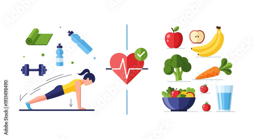 Healthy Lifestyle Illustration Featuring Fitness and Nutrition Elements with Various Fruits and Vegetables