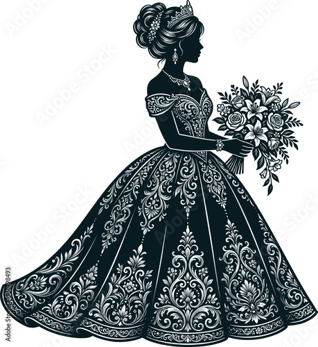 Elegant wedding princess bride in black and white silhouette holding bouquet on minimalist background