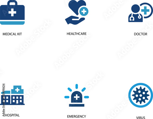 Medical and Healthcare Icons Set Featuring Doctor, Hospital, Emergency, Virus and First Aid Symbols